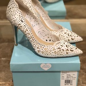Betsy Johnson white rhinestone studded heels